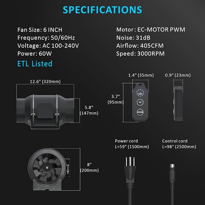 Toolazy 6 Inch Inline Duct Fan, 405 CFM Quiet EC Motor Ventilation Fan with 10-Speed PWM Controller, Low Noise 31dB Mixed-Flow Exhaust Fan for Grow Tent Hydroponics HVAC Cooling Bathroom