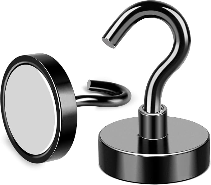 MIKEDE Magnetic Hooks 50LB+ Heavy Duty Magnet Hooks for Cruise Cabins | Super Neodymium Hanging Hooks Black Strong Magnets with Hook for Fridge Magnetic Hanger for Grill Toolbox Pack of 4