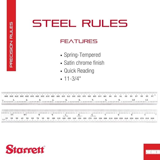 Starrett Spring Tempered Steel Rule with Satin Chrome Finish, Quick Reading, Millimeter and Inch Graduation - 11-3/4" Length, 36 Graduation Type, 1.2mm Thickness - C636-300