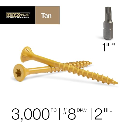 Deck Plus 2 Inch Epoxy Coated Exterior Wood and Fence Screws #8 x 2 Torx/Star Drive Included Coarse Thread, Outdoor Rust Resistant Decking Screw, Tan, 25lb Box, 3125 Pieces | 48713