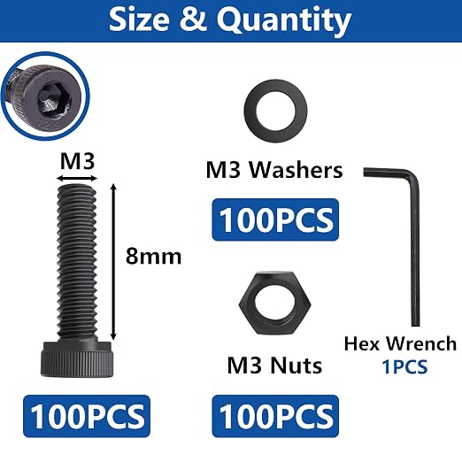 300PCS M3 x 8mm Hex Socket Head Cap Screws with Nuts and Washers, 12.9 Grade Alloy Steel M3 Bolts with Hex Wrench