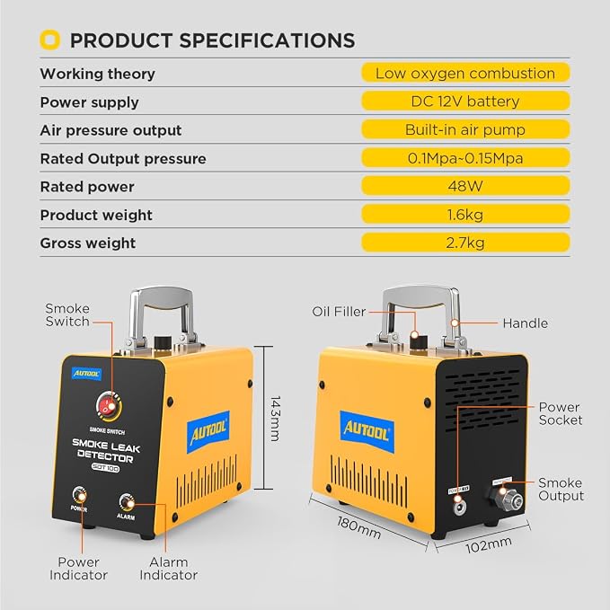 AUTOOL Automotive Smoke Machine Lead Detector DC 12V EVAP Vacuum Diagnostic Tester with Built-in Air Pump for Pipe System