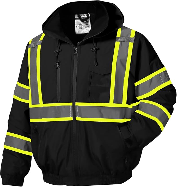 SKSAFETY High Visibility Reflective Jackets for Men, Waterproof Class 3 Safety Jacket with Pockets, Hi Vis Black Coats with Black Bottom, Mens Work Construction Coats for Cold Weather, 6XL,Black