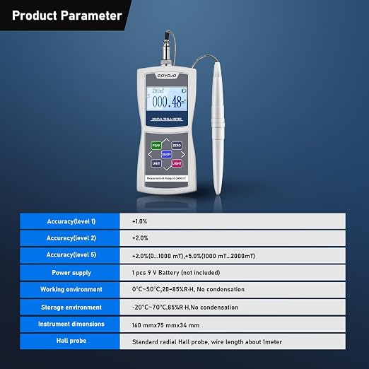 GOYOJO Digital Gauss Meter (2400mT/24000Gs), High Accuracy Magnetic Field Tester for DC Magnet Measurement, Permanent Magnets, Motors, Speakers, and Industrial Applications, ±1% Accuracy
