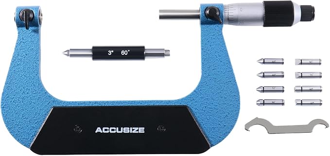 Accusize Industrial Tools Screw Thread Micrometer, 3-4", S916-C753 | 4 Anvil Sets: 24-14, 13-9, 8-5, 4.5-3.5 TPI, 0.001" Resolution, ±0.00016" Accuracy