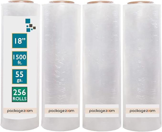 PackageZoom 4 Rolls Clear Stretch Wrap Film 18” x 1500 feet Plastic Wrap for Moving, Packing, Shipping & Storage Heavy Duty Industrial Cling Film for Boxes and Furniture (64)