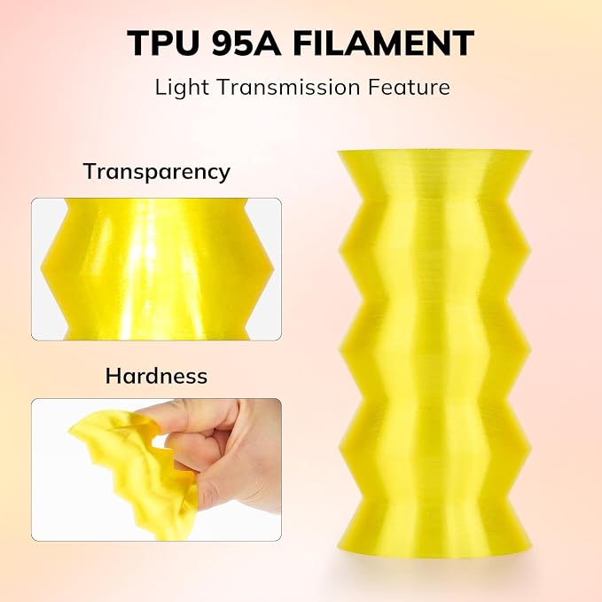 AMOLEN 95A TPU 3D Printer Filament 1.75mm, High Hardness & Resilience TPU Transparent Yellow Filament, 1KG Flexible 3D Filament, Dimensional Accuracy +/- 0.02mm, Suitable for Most FDM 3D Printers