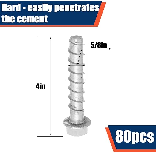 Tandefio 80 Pack 5/8" X 4" Galvanized Concrete Screws Large Diameter Anchors Concrete Screw Anchor Bolts Masonry Screw for Anchoring to Masonry Brick or Block