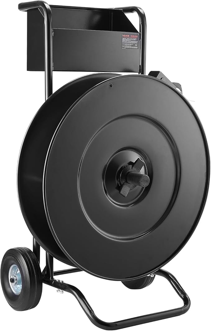 VEVOR Banding Strapping Cart, for PET/PP Coils with 8" or 16" Core, Heavy Duty Strapping Dispenser with Upgrade Drum Brake System, Rubber Wheels and Built-in Spacious Tool Tray, 110 lbs Capacity