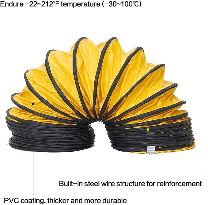 25FT Ducting Hose 10IN PVC Flexible Duct Hosing with Adjustable Rope S Hook & Steel Support for Utility Blower Exhaust Fan (10''x25ft)