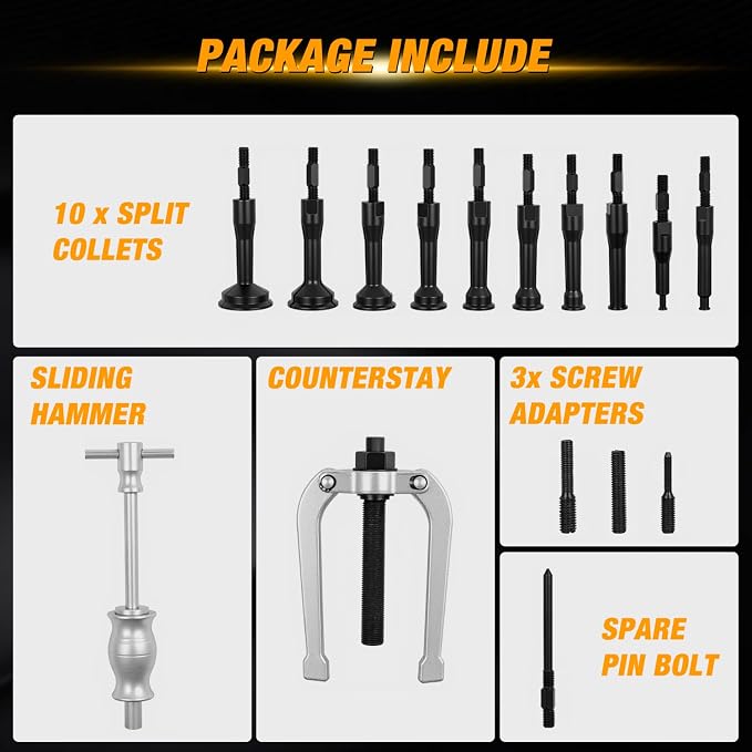 GOOACC 16pcs Blind Hole Bearing Puller Kit, Slide Hammer Pilot Insert Inner Internal Removal Tool Blind Hole Collet Bearing Set, Heavy Duty Blind Bearing Race and Seal Puller Extractor Kit with Case
