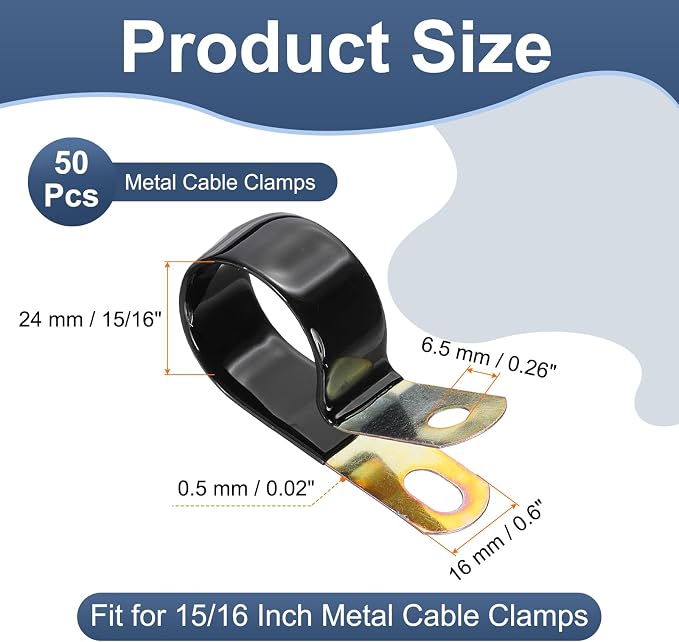 PATIKIL 15/16 Inch Vinyl Coated Cable Clamps, 50 Pack Galvanized Steel Metal Cable Clips Rubber Cushion Insulated Pipe Clamps for Tube Lines Cord Wire Management, Black