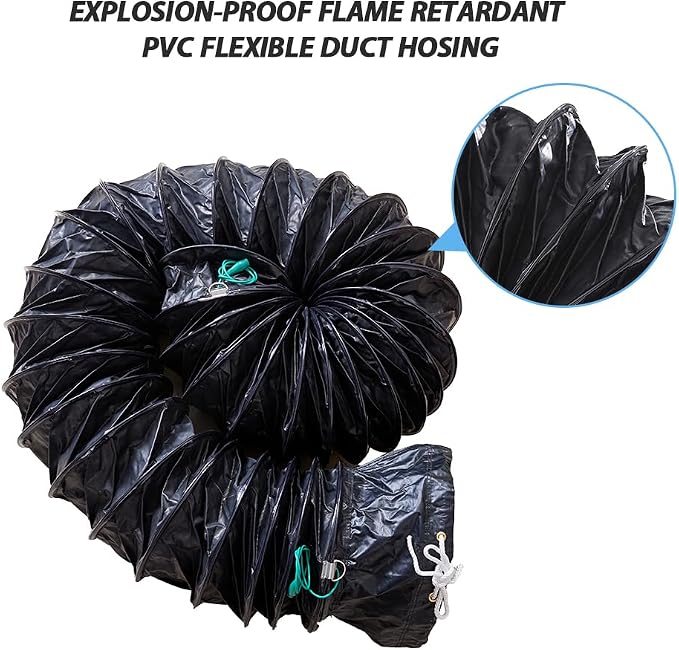 16 Inch Explosion-Proof Flame Retardant HVAC Ducting with Adjustable Rope and D-Ring, 16ft Antistatic PVC Flexible Duct Hose for Ventilation, Exhaust, Drying, and Cooling Applications (16in x 16ft)