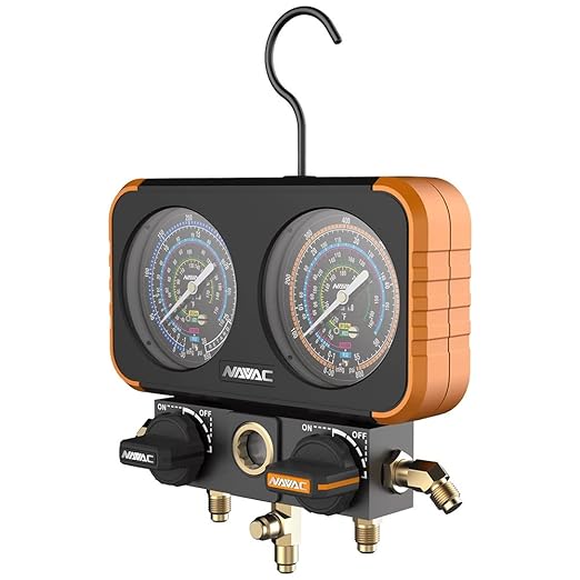 NAVAC N2A4B Manifold Gauge - Class 1.0 Accuracy, Impact-Resistant, Manifold Gauge for HVAC with Quarter-Turn Ball Valve Handles & Strengthened Folding Hook Design, Easy to Carry, Hose Not Included