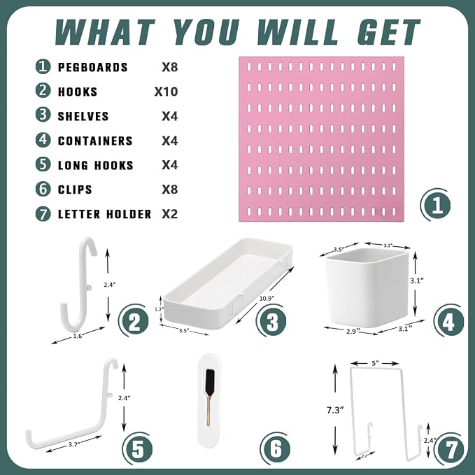 MULSAME Pegboard Combination Kit, Wall Mounted Storage Set with 8 Pegboards & 28 Accessories Hanging, Peg Boards Organizer for Walls Display, Crafts Organization, Kitchen Organizer, 22" x 44" Pink