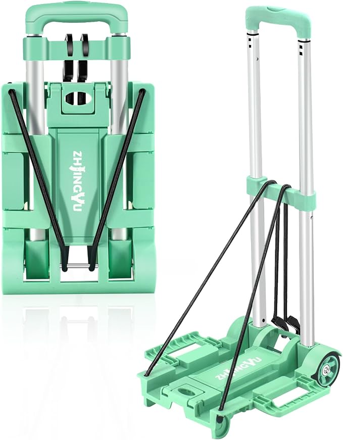 Folding Hand Truck Dolly Cart,Collapsible Shopping Trolley,Mini Lightweight Hand Dolly,Backpack Trolley,Luggage Cart,Aluminum Telescopic Rod,2 Wheel Trolley Expandable Large Chassis,Mint Green
