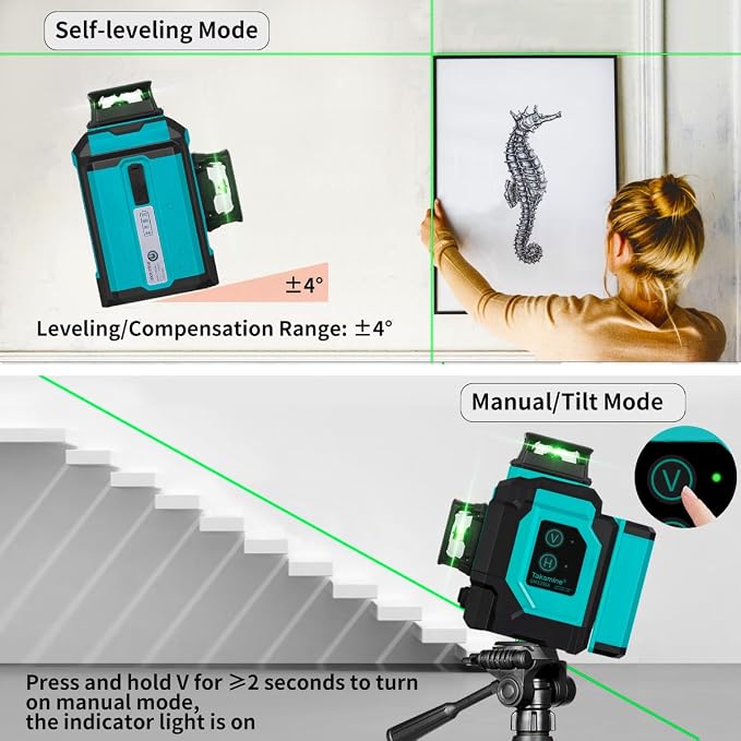 Takamine Laser Level 360 Self Leveling, 3x360° Cross Line Lazer Leveler Tool for Construction and Picture Hanging, 3D 12 Lines Green Laser Level, APP Control