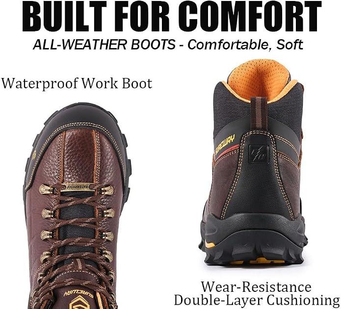 SUREWAY Men's 6" Soft/Steel Toe Heavy Duty Waterproof Work Boot - Leather,Lace Up,Oil/Slip Resistant Dual-Density Comfortable EH Construction Industrial Ankle Safety Men Work Boots,Roofing, Hunting