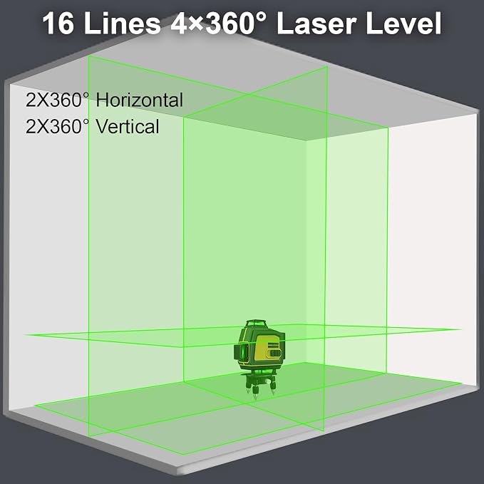 Laser Level 360 Self Leveling 4x360° 16 Lines Cross Line 4D Green Laser Level Tool with 2 Batteries, Charger, for Construction/Picture Hanging/Floor/Tile(Laser Class ll, <1mW Power Output)