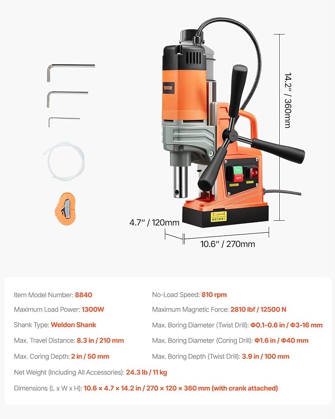 VEVOR Mag Drill Press, 1300W 1.57" Boring Diameter, 2922lbf Power Portable Magnetic Drill, 810 PRM, Electric Drilling Machine for Metal Surface, Industrial and Home Improvement