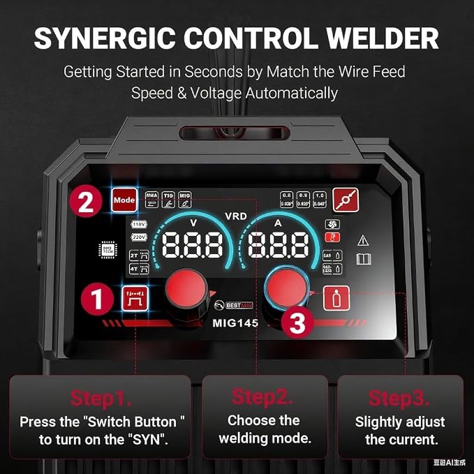 BESTMIG 145A 4-in-1 Multi-Process Welder, 110V/220V MIG/TIG/MMA/Stick Welding Machine, Gas & Gasless Flux Core Welder with Synergy IGBT Inverter, Includes Welding Helmet & Gloves