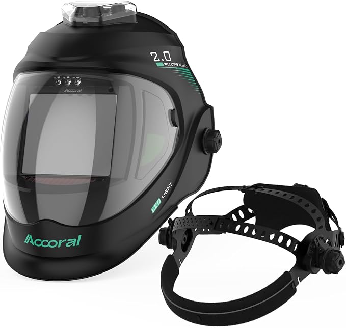 Panoramic View Auto Darkening Welding Helmet with Light, True Color Solar Powered Welding Hood Mask, 4 Arc Sensor Wide Shade for TIG MIG ARC Cut Grinding&Welding Helmet Headgear Head Band