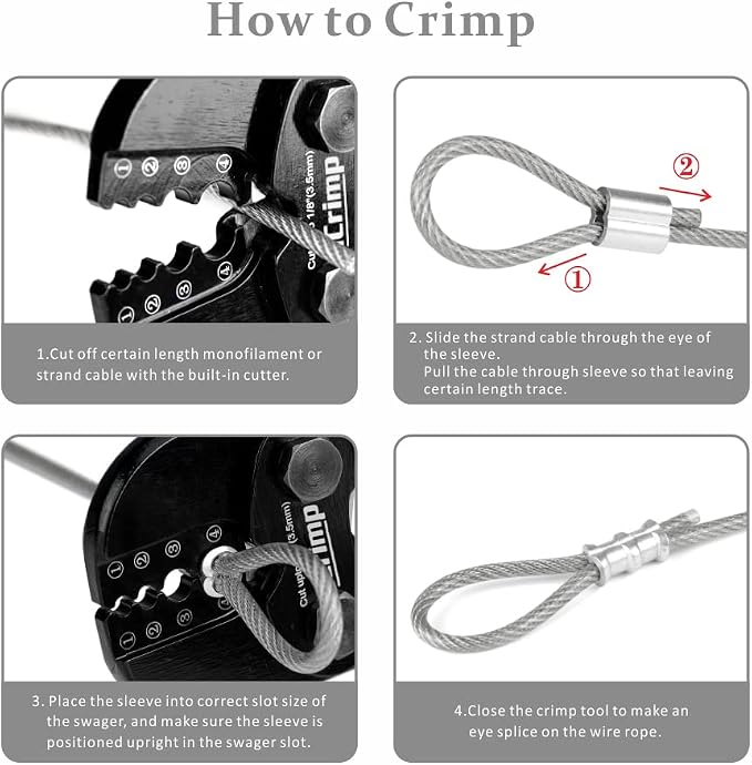 iCrimp Swaging Tool, Wire Rope Crimping Tools for Aluminum Copper Duplex Hourglass Sleeves, Stop Buttons and Ferrules with Built-in Cable Cutter Works from 3/64-inch to 1/8-inch