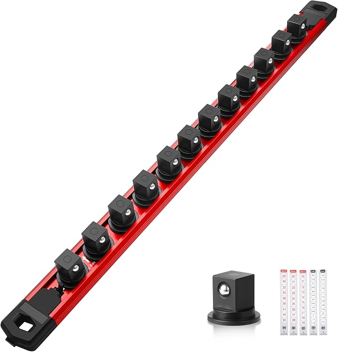 Reniteco Magnetic Socket Organizer, 1/2" Drive Aluminum Alloy Socket Rail, Heavy Duty Magnetic Socket Holder with 12PC 360° Swivel Removable Clips, Magnetic Socket Rack for Tool Box Drawer, Red
