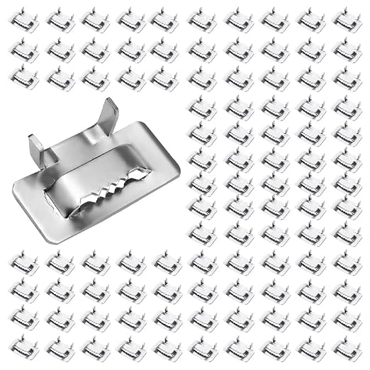 VerRich 100 Pcs Ear-Lokt Buckles,304 Stainless Steel Metal Clamp,3/4" Width Banding Clip For Banding Strapping