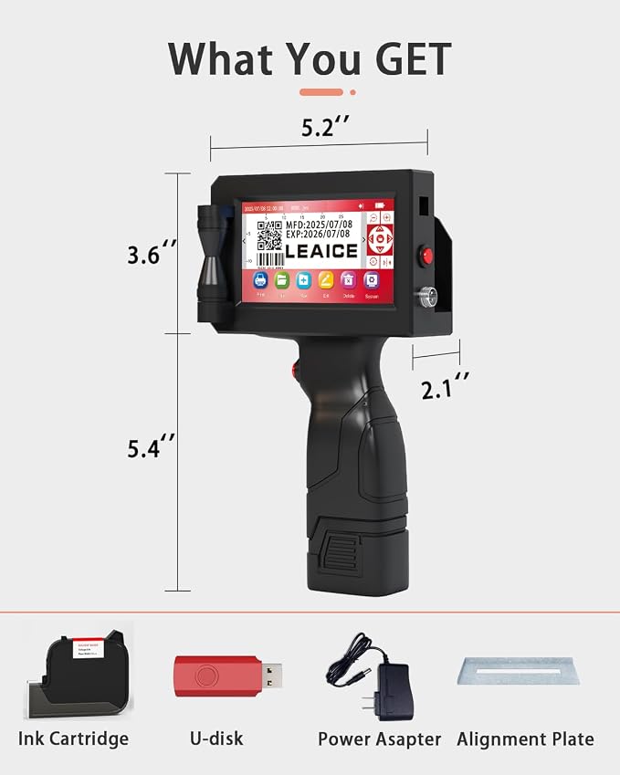 Handheld Inkjet Printer, 1 inch/25.4 mm Print Height Handheld Printer Gun with Quick-Drying Ink Cartridge for Batch Number Date QR Codes Barcodes Labels Logo Printing on Diverse Materials