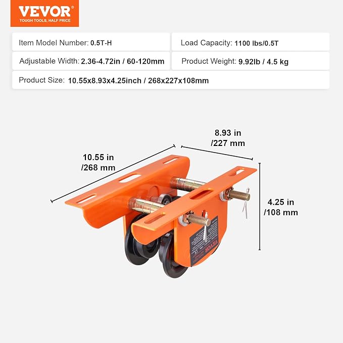 VEVOR Electric Hoist Manual Trolley, 1100 lbs/0.5 Ton Capacity for PA200 PA250 PA300 PA400 PA500, Push Beam Trolley with Dual Wheels, 2.36"-4.72" Adjustable Flange Width for Straight Curved I Beam