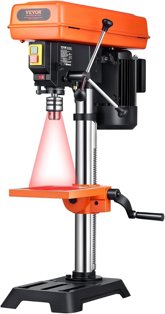 VEVOR 10 in Benchtop Drill Press, 6.2A Induction Motor, Tabletop Drilling Machine with 610/940 / 1500/2150 / 2800 RPM Adjustable Speed, 0-45° Tilting Worktable, LED Work Light, for Wood Metal