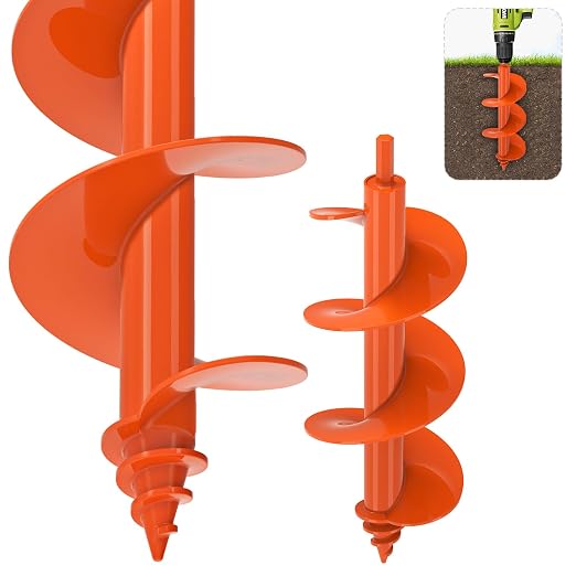 SELEWARE Auger Drill Bit for Planting 4"x12" Drill Auger for 3/8" Hex Drive | Orange Heavy-Duty Steel Garden Auger Drill Bit, Bulb Planter Tool, Auger Post Hole Digger for Bulbs, Flowers, Fence Posts