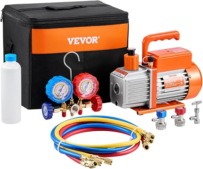 VEVOR 3.5 CFM AC Vacuum Pump and Gauge Set, Single Stage Rotary Vane HVAC Air Vacuum Pump, A/C Refrigerant Manifold Gauge Kit, with Hoses, Air Conditioning Refrigeration for R134a, R12, R22, R502a