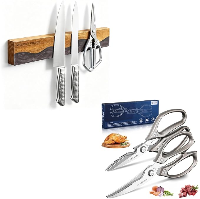MEN WITH THE POT 16 Inch Acacia Wood Magnetic Knife Strip & Heavy Duty Stainless Steel Kitchen Shears Set, Multi-Purpose Kitchen Organizer & Cutting Tools
