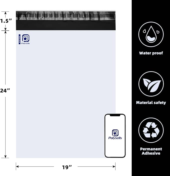 POLYSELLS 50 pcs 19x24 Inches White Poly Mailers Shipping Envelopes, Strong Adhesive Sealing, Waterproof, and Tear-resistant Postal Mailing Bags for Clothing, Books, and Accessories