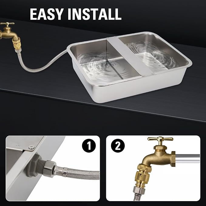 4 Gal Automatic Dog Water Bowl, Stainless Steel Auto Fill Livestock Waterer | Includes Hose & Float Valve. Fits 3/4" GHT. Rust-Proof. 2 Drinking Zones for Dog &Chicken Indoor & Outdoor Use