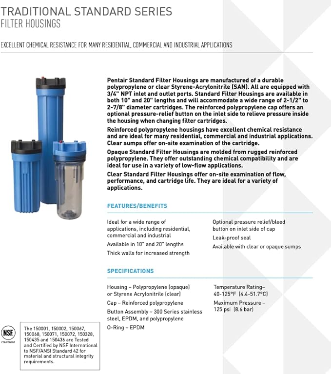 Pentair Pentek Dura-Series Standard Water Filter Housing, 3/4" NPT, 10-Inch Opaque Slate Polycarbonate Sump with Pressure-Relief Button, Reinforced Polypropylene Cap, 125 PSI