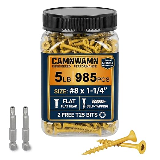 #8 x 1-1/4" Exterior Deck Screws (5 lb Box), Tan Epoxy Coated Wood Screws with T25 Star Bit, Type 17 Self-Drilling Point for Pressure-Treated Lumber, Rust Resistant Fasteners