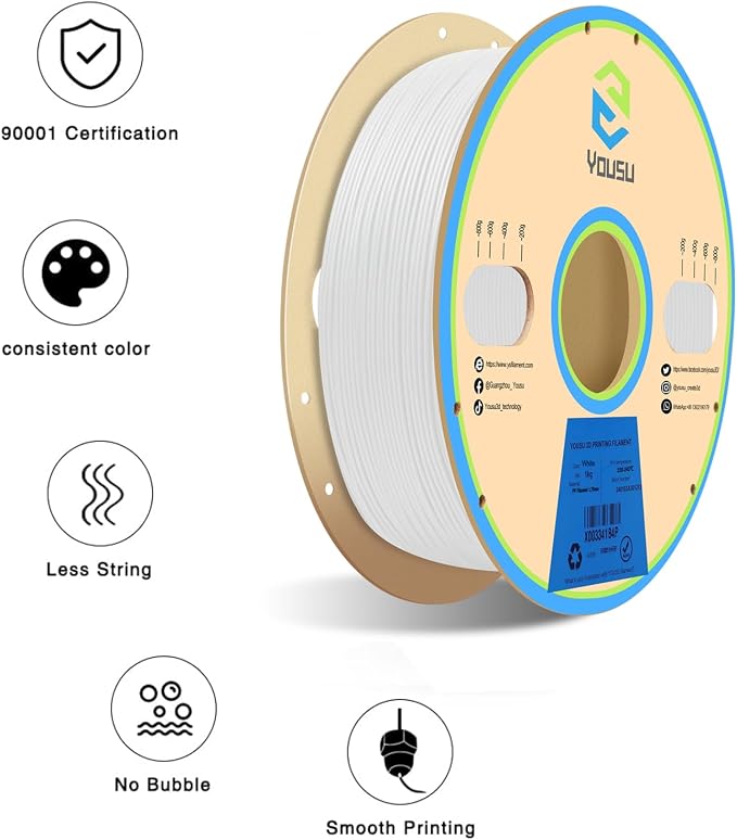 YOUSU Polypropylene PP Filament, 1.75mm 3D Printer Filament for FDM 3D Printers, 1kg (2.2lbs) 5 Pcs Build Sheet Included, Semi-Flexible Ultra Tough Filament, White