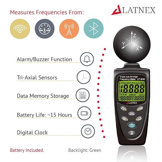EMF Meter HF-B3G Triple Axis HF RF Analyzer and Detector Calibrated Measuring Emissions from Cell Phones, Smart Meters, Cell Towers, Microwave, Bluetooth - for EMF Home Inspections Free Support
