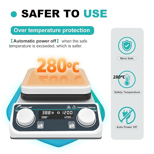 JOANLAB Magnetic Stirrer Hot Plate HS-6C | 280°C, 200-1500 RPM, 3L Stirring Capacity | Digital, External Probe Included, 110V