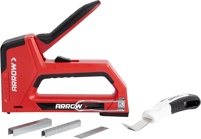 Arrow Fastener 5IN1MKIT-AM T501 5-in-1 Manual Staple & Nail Gun Kit, Wire Stapler, and Brad Nailer for Wood, Upholstery, Insulation, Includes Staple Remover & 640 Staples & Nails, Black/Red