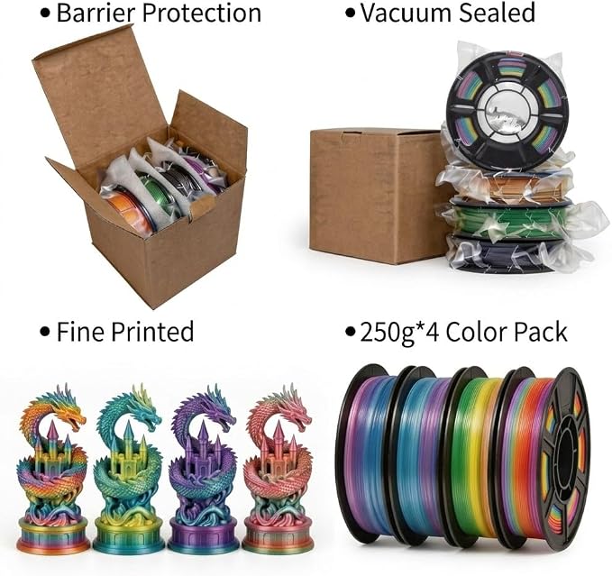 Silk PLA 3D Printer Filament Bundle 1.75mm Filajoy3D Multicolor 3D Printing Filament 250g*4 Dimensional Accuracy +/- 0.02mm for Most FDM 3D Printers