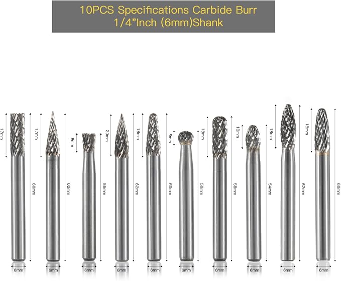 HIDOTOL Carbide Burr Set 10PC 1/4" Shank – 6mm Tungsten Double Cut Carbide Rotary Burr Set for Metal and Wood Carving, Grinding, Polishing, Engraving, Drilling.