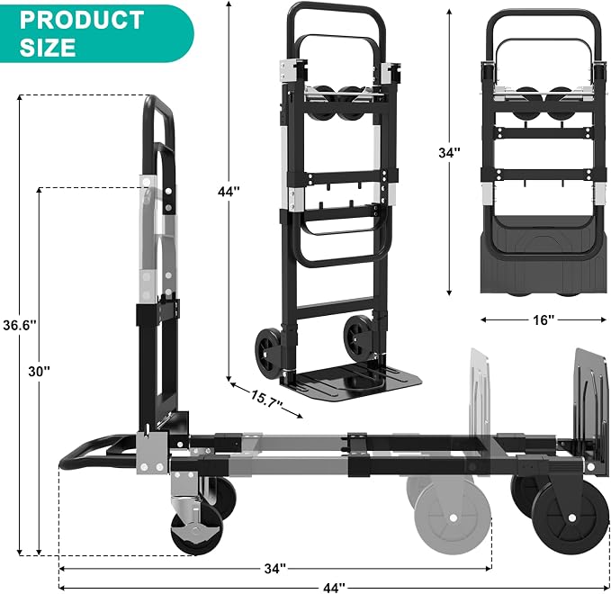 3-in-1 Folding Hand Trucks, 500lbs Convertible Dolly, Dolly Cart with Wheels Heavy Duty, Moving Cart with Retractable Handle, Collapsible Trolley for Moving Office/Home/Warehouse/Boxes/Cartons (Black)