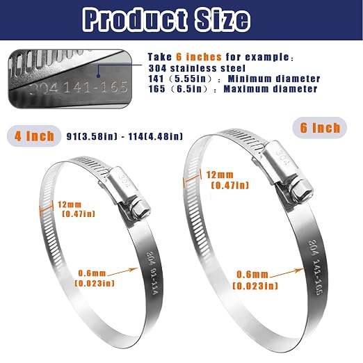 6PCS Adjustable Stainless Steel Duct Clamps - 6 Inch & 4 Inch Pipe Clamps for Air Ducting (3.58"-4.48"/91-114mm & 5.55"-6.5"/141-165mm)
