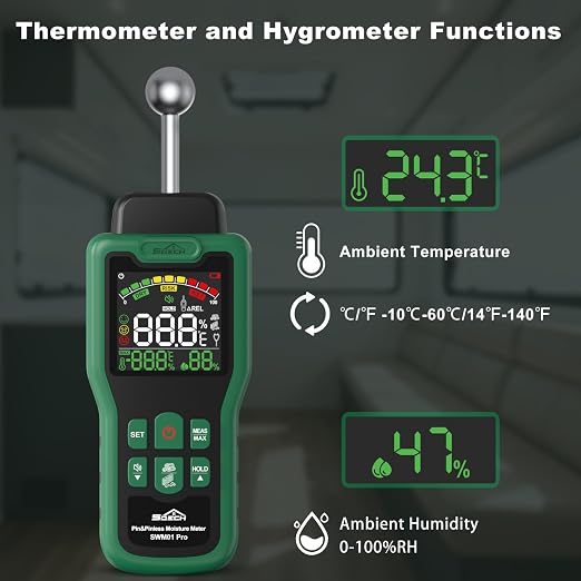 Moisture Meter, SQECH Pin&Pinless Moisture Meter with Thermometer, Alarm, Multifunctional Wood Moisture Meter with Color LCD, Needle Sensor for Walls, Wood, Masonry, Caravans, Apartments