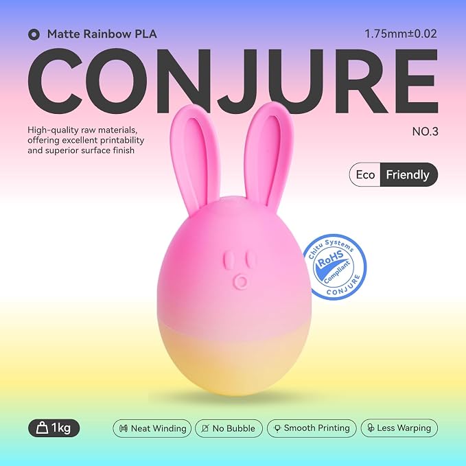 Conjure Matte Rainbow PLA 3D Printer Filament, Green Pink Yellow Sky Blue 1.75mm Matte Rainbow 3D Printing Filament 1KG/2.2lb