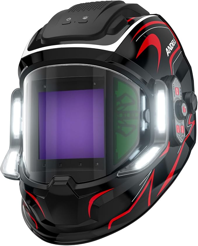 ANDELI Welding Helmet with 4 LED Light, 180° Panoramic 6 Arc Sensor True Color Auto Darkening Welding Hood with Internal Display, 2400mAh Rechargeable Battery for TIG/MIG/Cut/Grind MONERRC LED PRO
